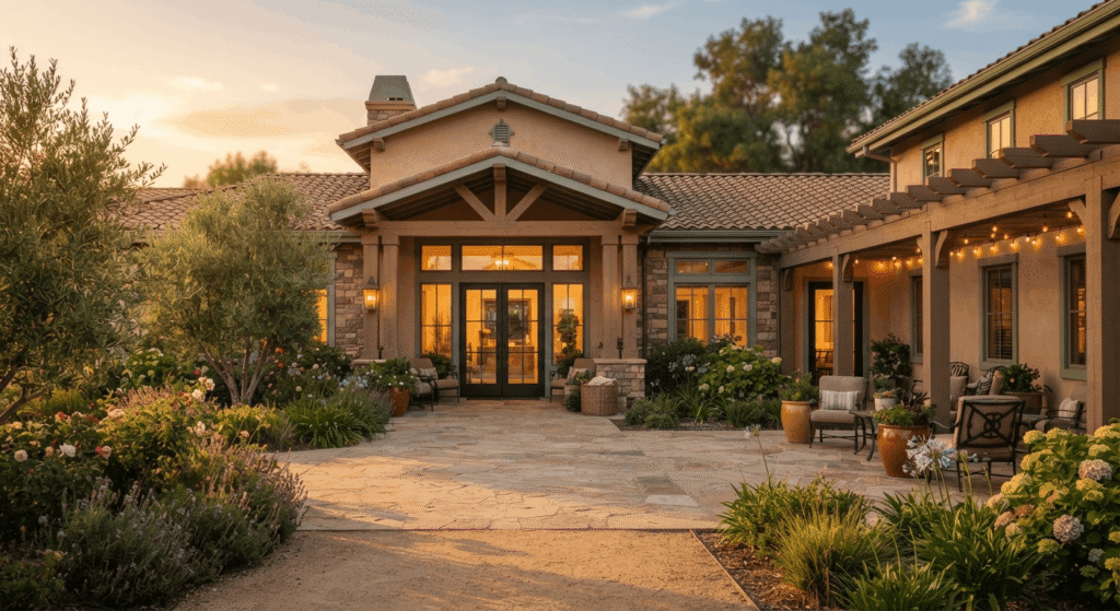 Exterior view of an active adult community clubhouse and courtyard at golden hour