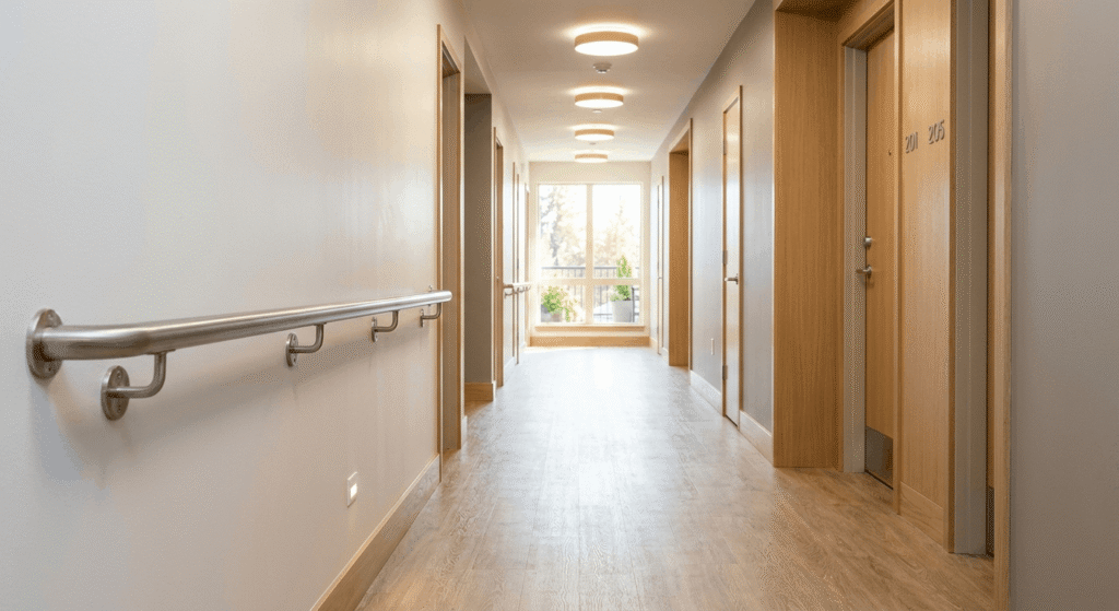 Accessible apartment hallway with grab bar and non-slip flooring for senior residents