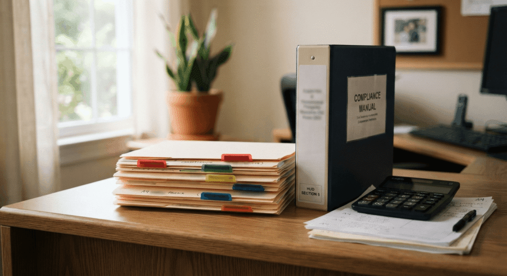 Stack of tenant compliance files and a binder on an office desk representing affordable housing file audits