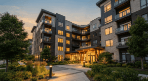 Modern apartment community exterior representing steady occupancy through smart renewal pricing