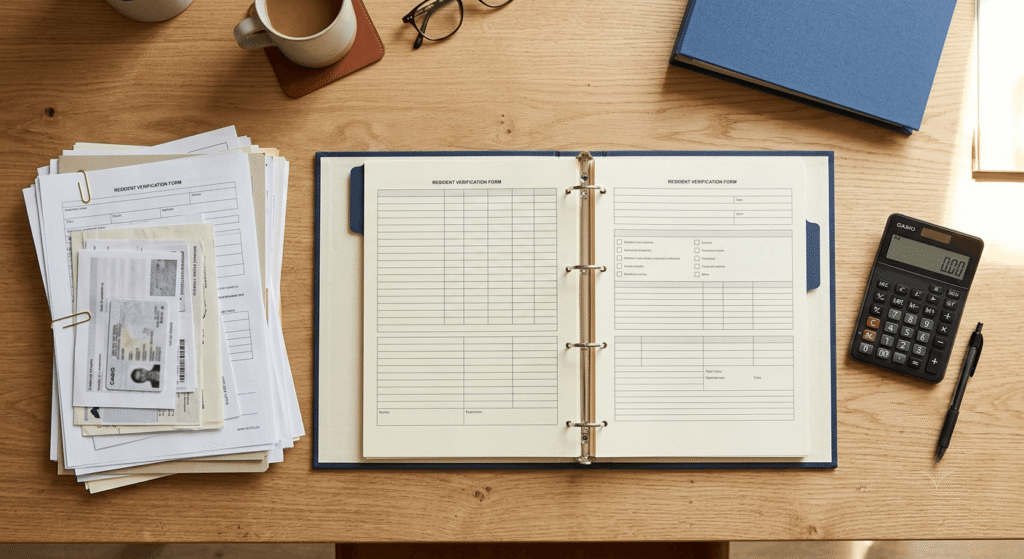 Occupancy verification binder and compliance documents on a property management desk