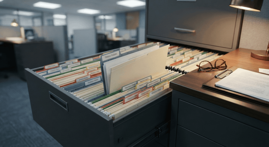 Filing cabinet drawer with tenant records pulled for a HUD management and occupancy review
