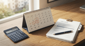 LIHTC compliance calendar with tax credit certification documents on an office desk
