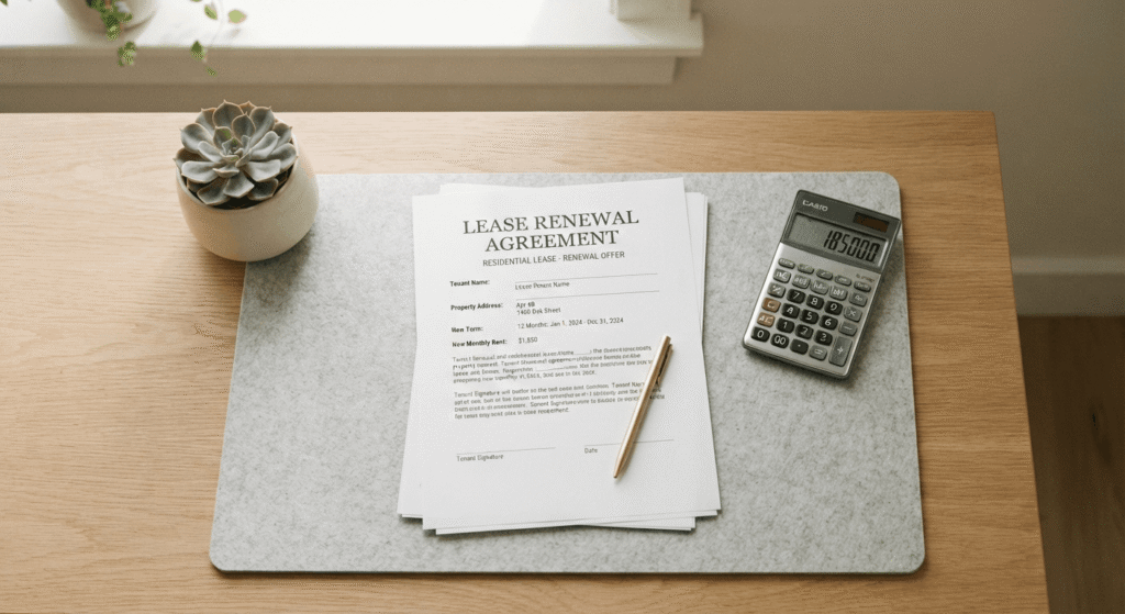 Lease renewal paperwork and calculator illustrating the cost comparison of renewing versus replacing a resident