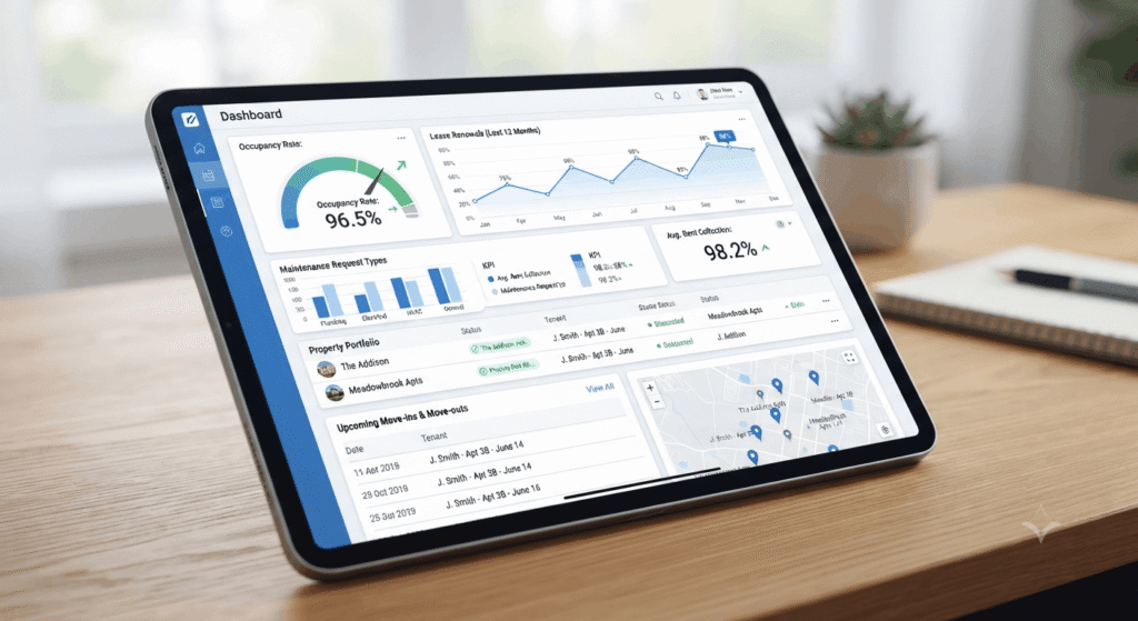 Property management dashboard tracking renewal rate and occupancy trends in real time