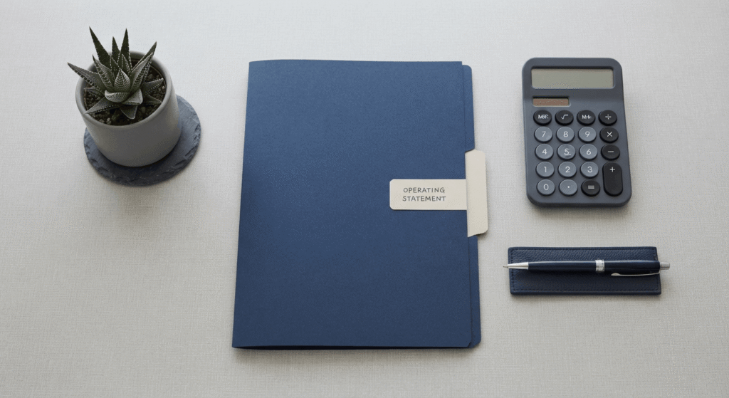 Desk flat-lay of an apartment operating statement and calculator representing expense line item review