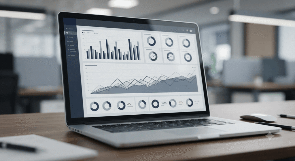 Laptop displaying a financial reporting dashboard used to track apartment operating expenses and NOI