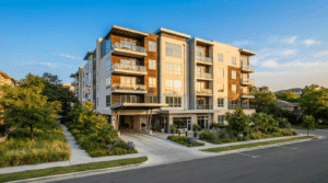Modern apartment community exterior representing a property management transition