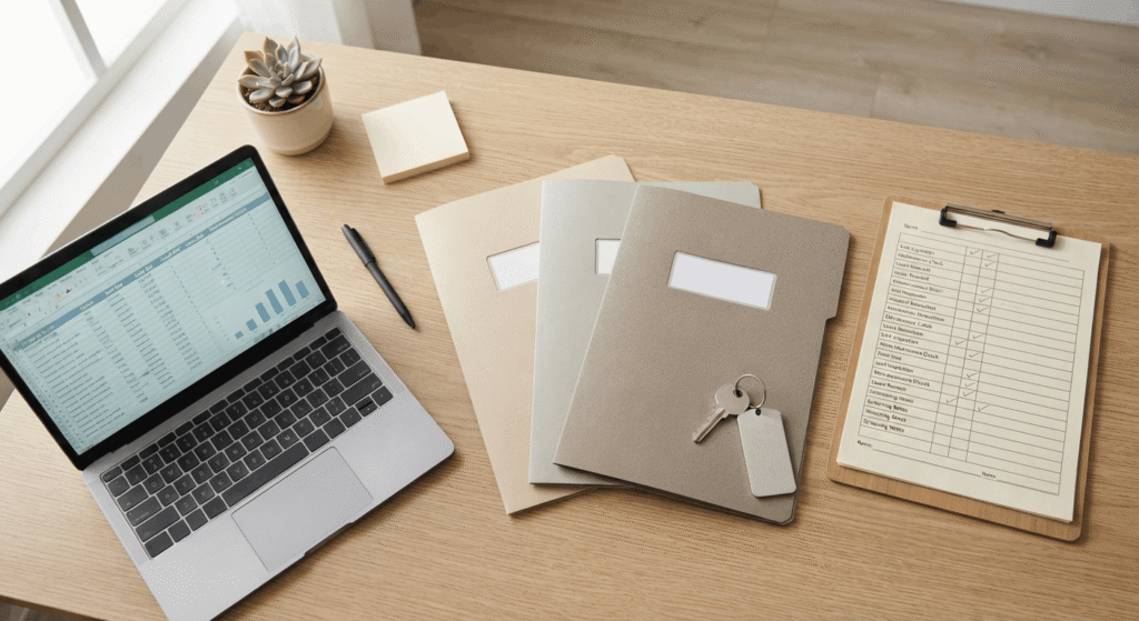 Lease and financial records being organized during a property management handover
