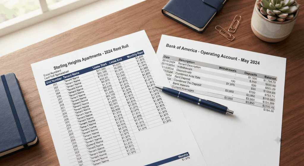 Rent roll spreadsheet compared against a bank statement to check for matching deposits