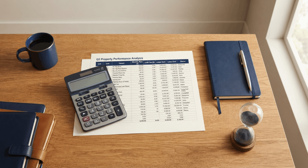 Calculator and rent spreadsheet representing the cost comparison of self-managing versus hiring a property manager