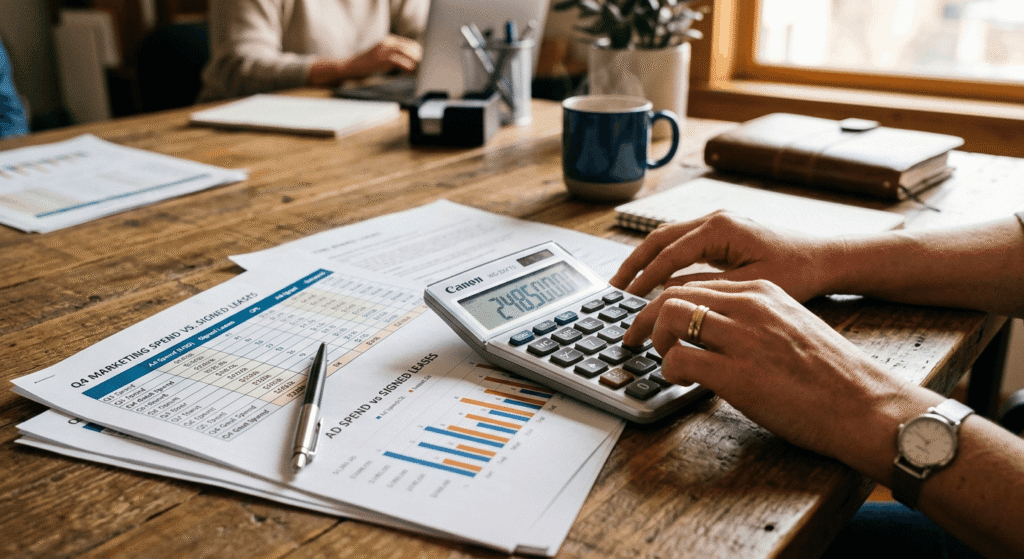 Calculating multifamily marketing spend against signed leases