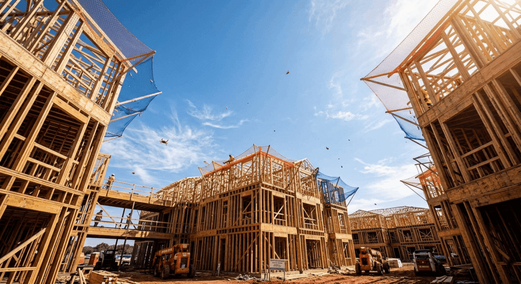 Low-angle view of new apartment construction adding supply to the New Braunfels market