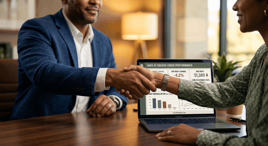 "Property owner and manager shaking hands over rental performance dashboard"