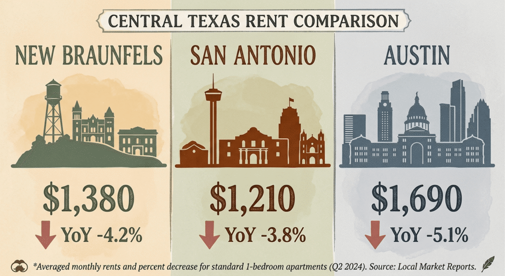 Three-city comparison graphic of New Braunfels, San Antonio, and Austin rental rates
