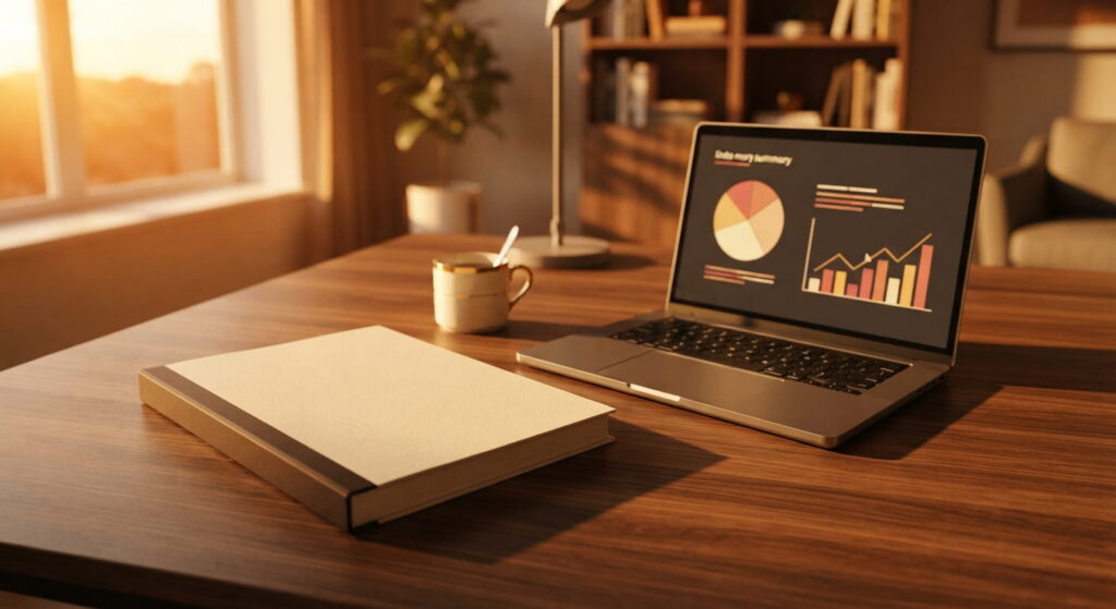 Owner report folder and laptop representing Friday variance and owner reporting session