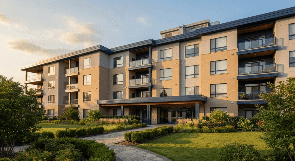 Modern multifamily apartment community exterior representing HUD-assisted housing