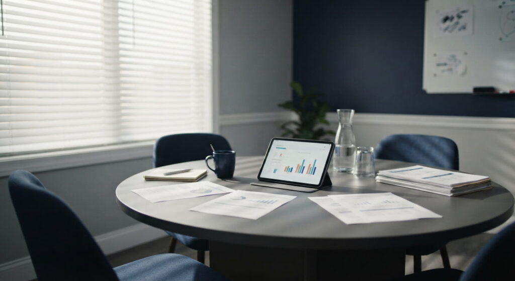 Conference table set for weekly rent and leasing pricing review meeting