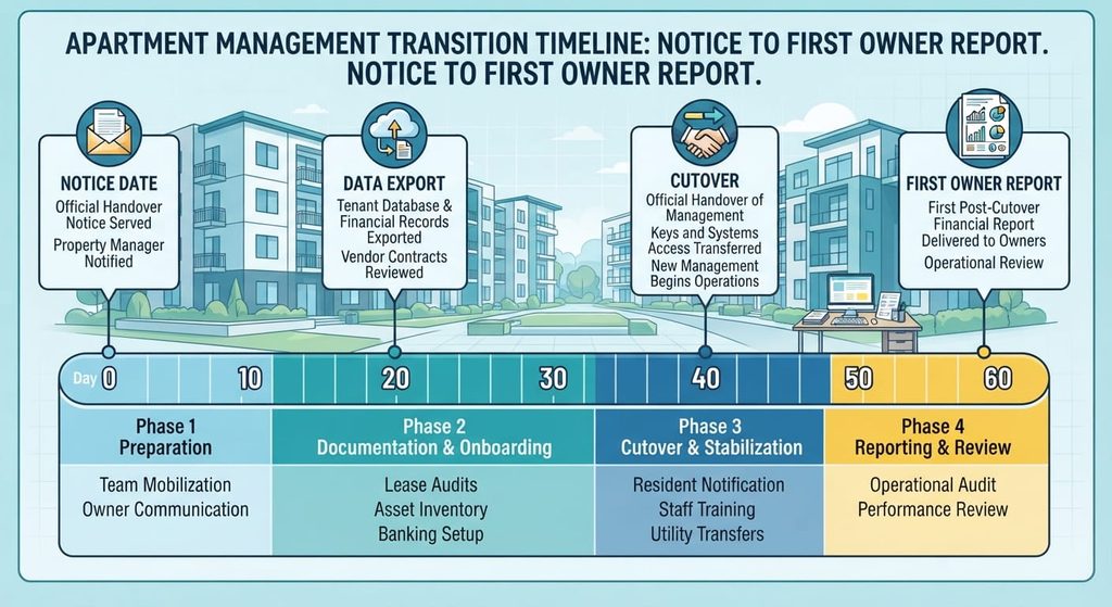 Timeline for switching management companies mid-lease-up, from notice and data export to cutover and first owner report