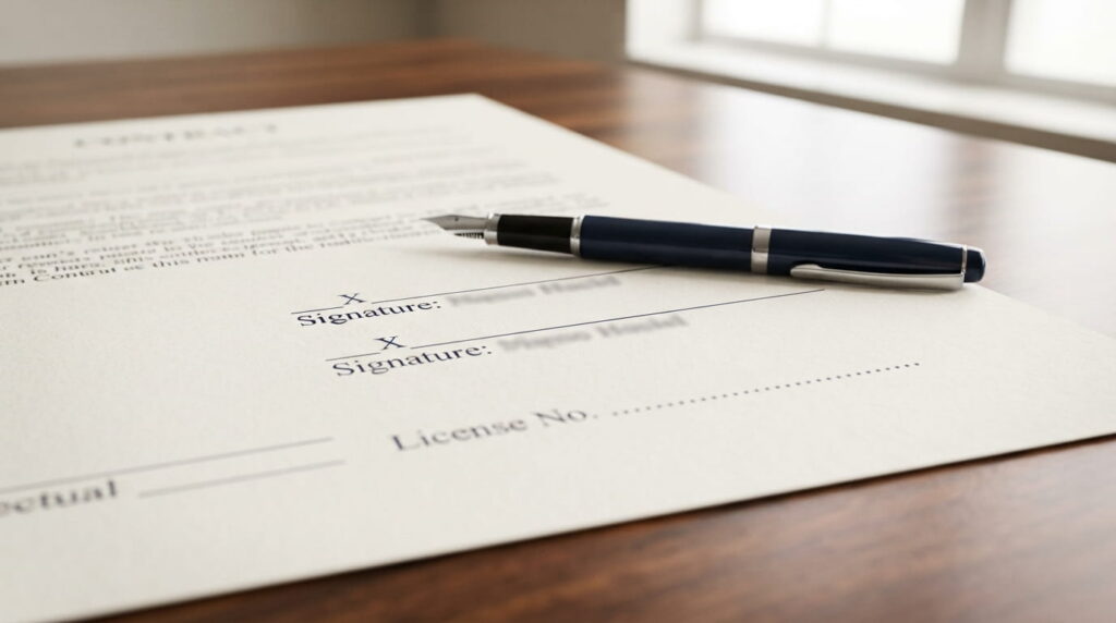 Texas property management agreement signature page showing broker license details
