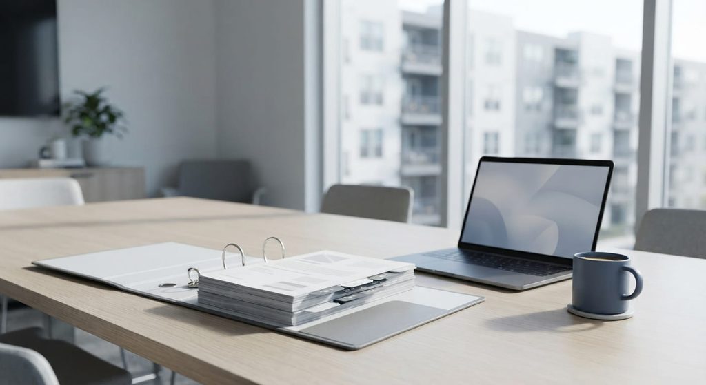 Tabbed due diligence binder and laptop on a conference table