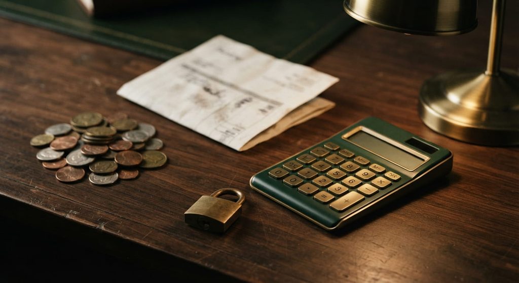 Calculator, coins and padlock on a desk illustrating early termination fee costs