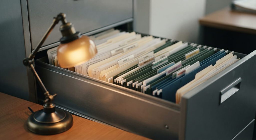Organized folders of permits and vendor contracts in an open file drawer