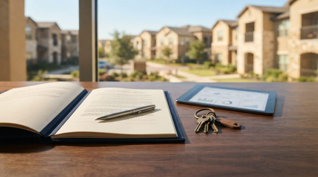 Texas property management agreement on an owner's desk with keys and a view of an apartment community