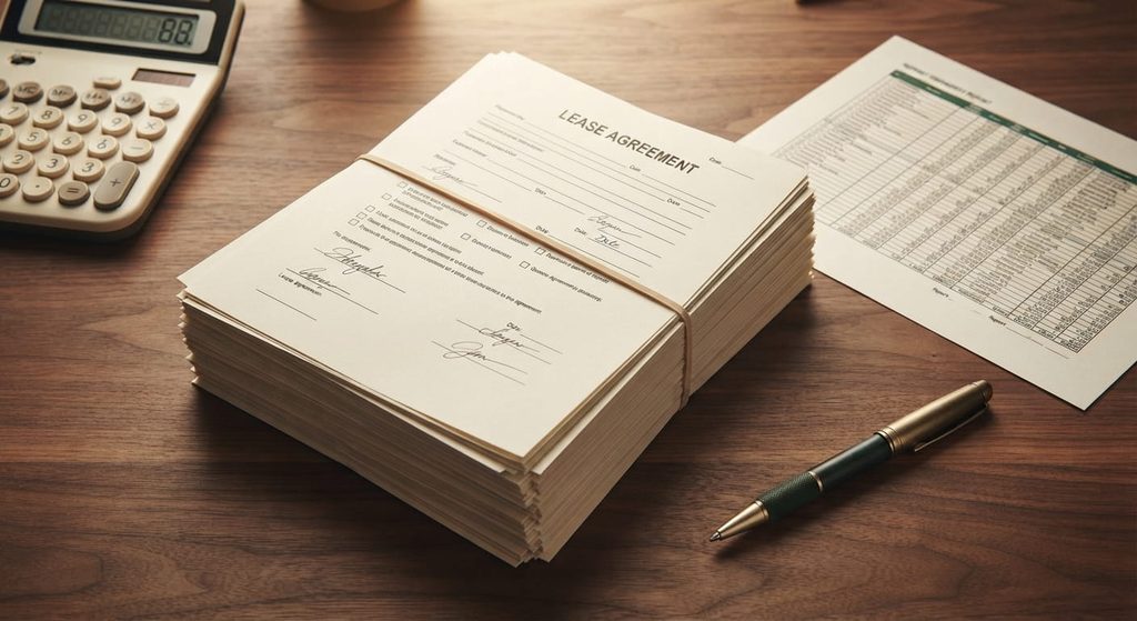 Lease agreements, printed rent roll report and calculator on a desk