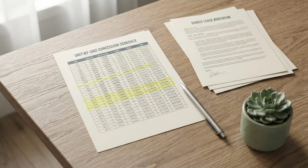 Lease up concession schedule and signed addendum pages laid out on a table
