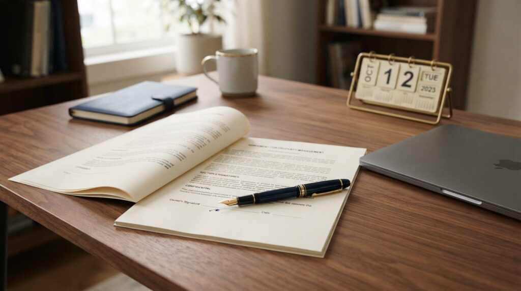 Property management agreement on a desk with a pen resting on the signature page