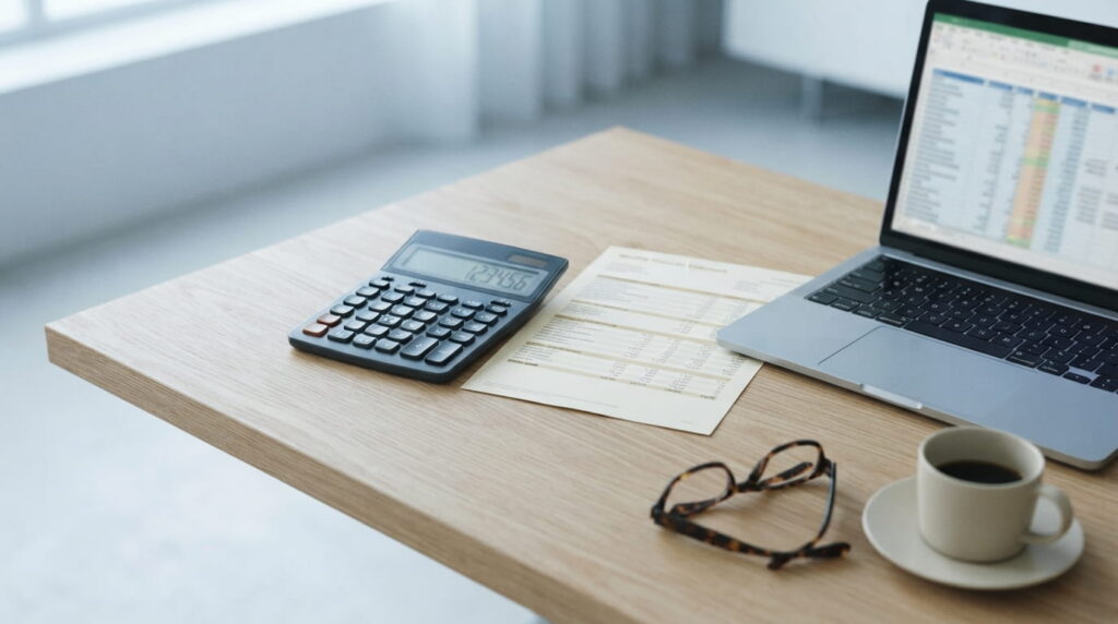 Calculator and rent statements comparing property management fees on collected revenue versus gross potential rent