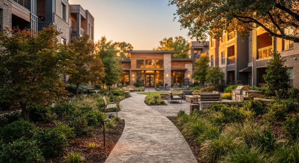 Apartment community courtyard and leasing office reflecting multifamily property management