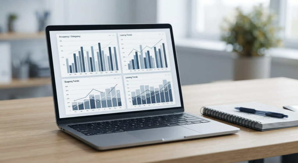 Laptop screen displaying occupancy and leasing trend charts for a multifamily portfolio