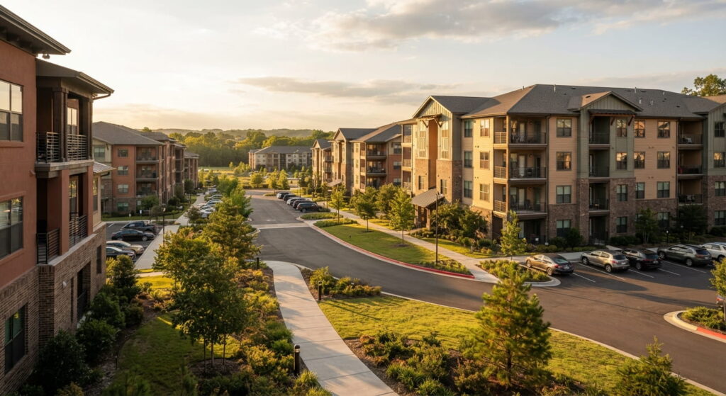 Rows of modern apartment buildings in a growing multifamily property portfolio at golden hour