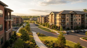 Rows of modern apartment buildings in a growing multifamily property portfolio at golden hour