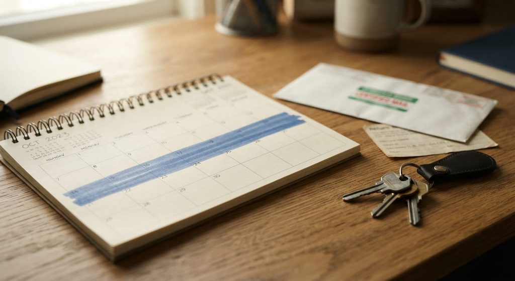 Desk calendar with a 30-day block, certified mail envelope and keys for a notice period
