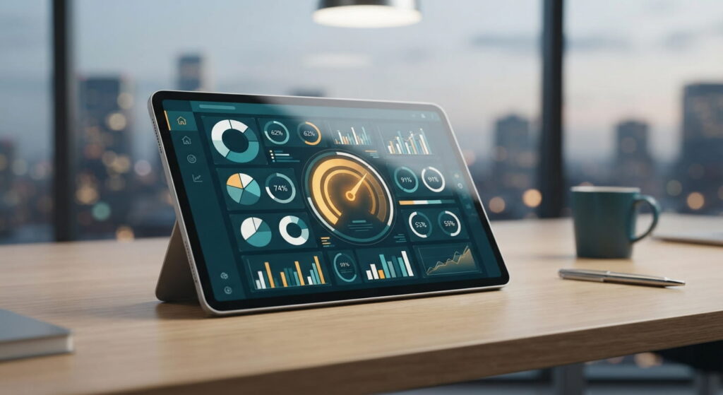 Tablet displaying a property owner performance dashboard with occupancy and leasing metrics