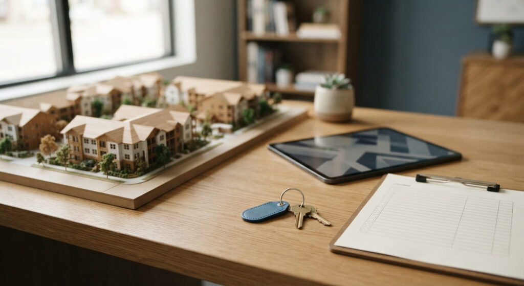 Clipboard, apartment keys and a tablet beside a model apartment building on a desk