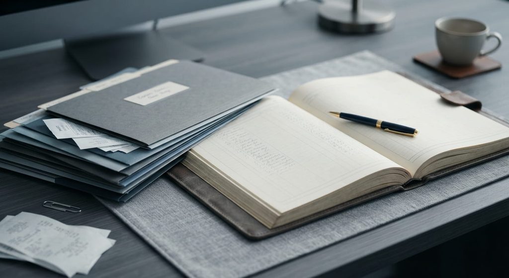 Open ledger and expense folders illustrating a property management fee breakdown