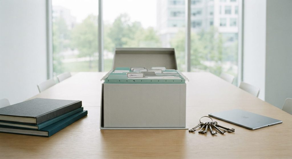 Box of files, ledgers, keys and tablet prepared for property management handover