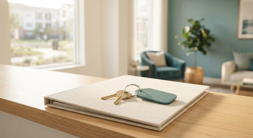 Apartment keys on a folder in a leasing office, ready for takeover day