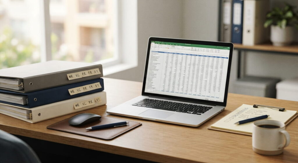 Organized property management desk with binders and laptop during a property takeover audit