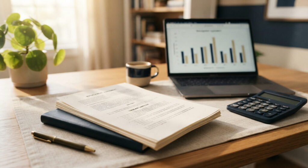 Desk with a printed property management agreement and calculator representing reimbursable expense review