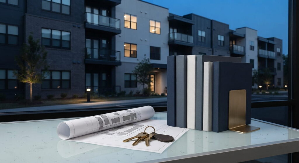New apartment community at dusk with keys and site plan on a leasing office table during a management transition