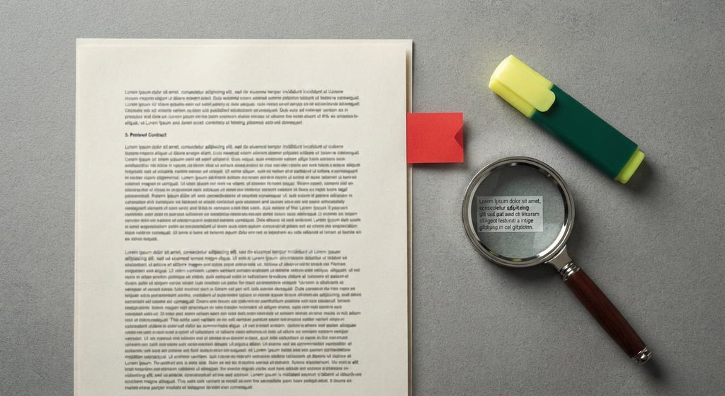Contract page flagged with a red tab beside a magnifying glass, representing breach triggers