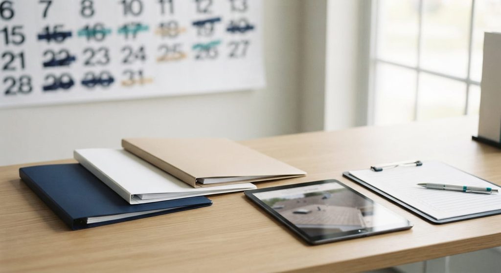 Calendar, document folders and roof inspection tablet for a 120-day Texas insurance renewal timeline