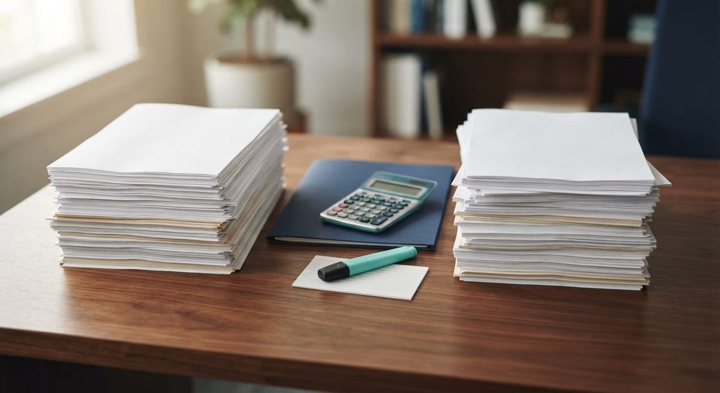 Two stacks of policy documents compared on a desk for admitted and surplus lines property insurance