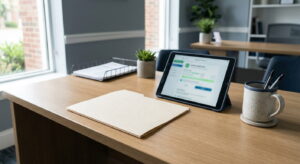 Leasing office desk with a closed applicant file and tablet, representing application fraud in multifamily