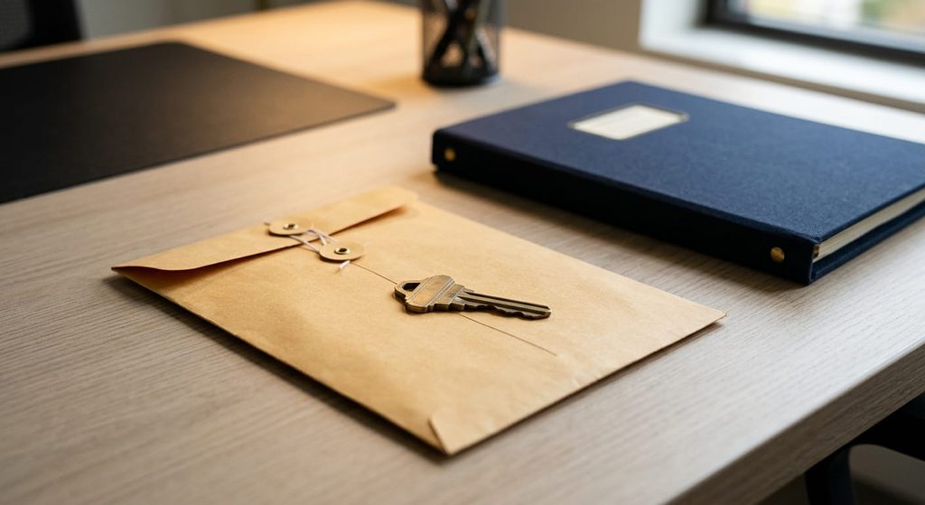 Security deposit envelope, apartment key and file folder on a desk for a resident move-out account